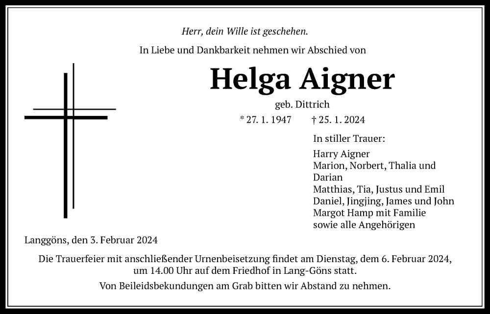  Traueranzeige für Helga Aigner vom 03.02.2024 aus Giessener Allgemeine, Alsfelder Allgemeine