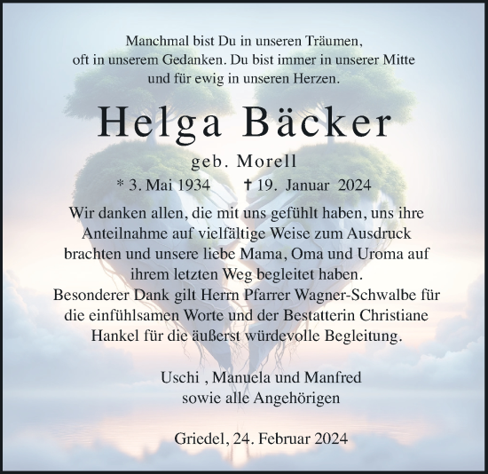 Traueranzeige von Helga Bäcker von Butzbacher Zeitung
