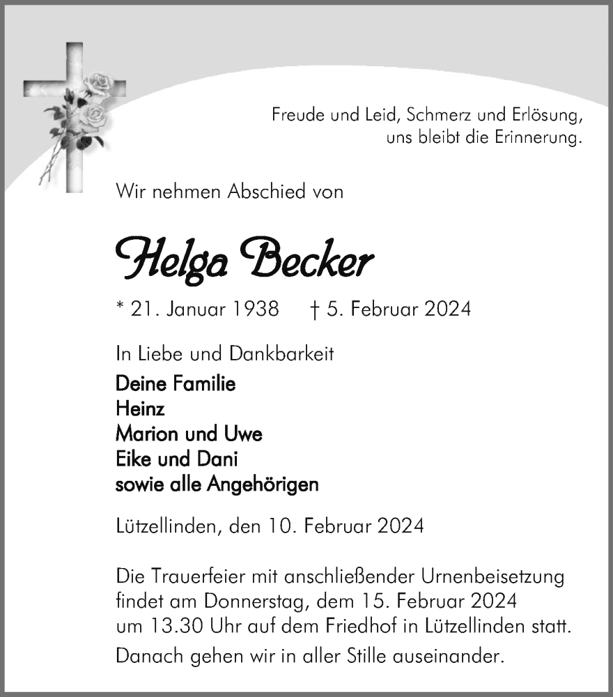  Traueranzeige für Helga Becker vom 10.02.2024 aus Giessener Allgemeine, Alsfelder Allgemeine
