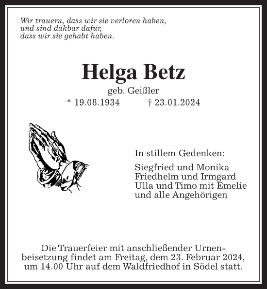 Traueranzeige von Helga Betz von Wetterauer Zeitung