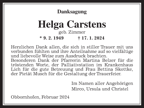 Traueranzeige von Helga Carstens von Licher Wochenblatt
