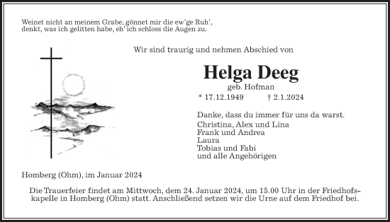 Traueranzeige von Helga Deeg von Alsfelder Allgemeine, Oberhessische Zeitung