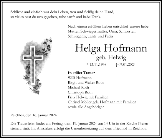 Traueranzeige von Helga Hofmann von Lauterbacher Anzeiger