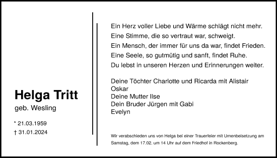 Traueranzeige von Helga Tritt von Wetterauer Zeitung, Butzbacher Zeitung