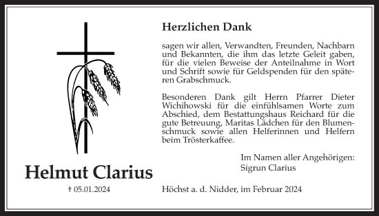 Traueranzeige von Helmut Clarius von Wetterauer Zeitung, Kreis-Anzeiger