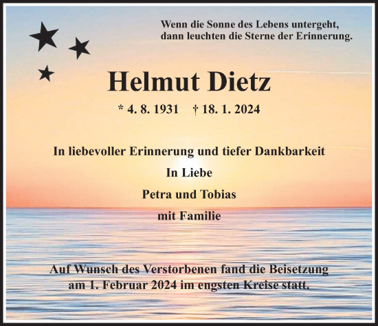 Traueranzeige von Helmut Dietz von Wetterauer Zeitung