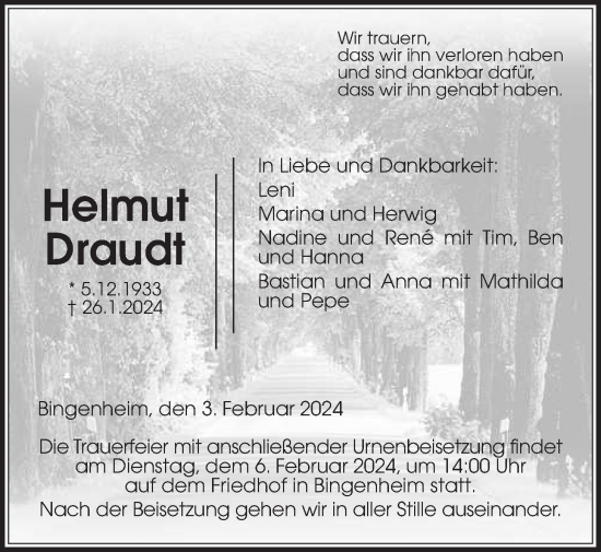 Traueranzeige von Helmut Draudt von Wetterauer Zeitung