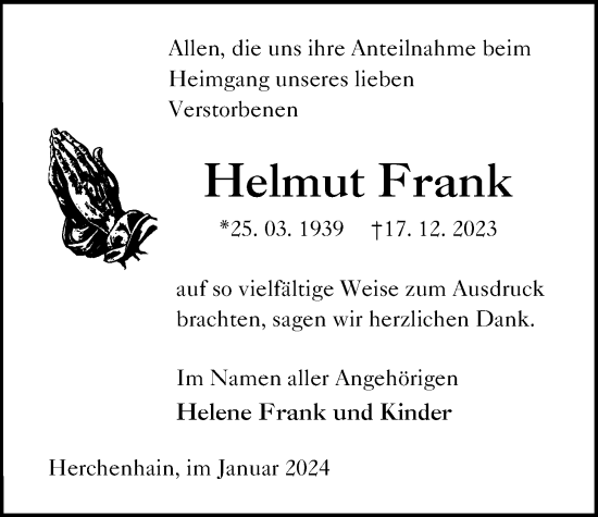 Traueranzeige von Helmut Frank von Lauterbacher Anzeiger
