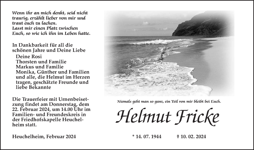  Traueranzeige für Helmut Fricke vom 17.02.2024 aus Alsfelder Allgemeine, Giessener Allgemeine