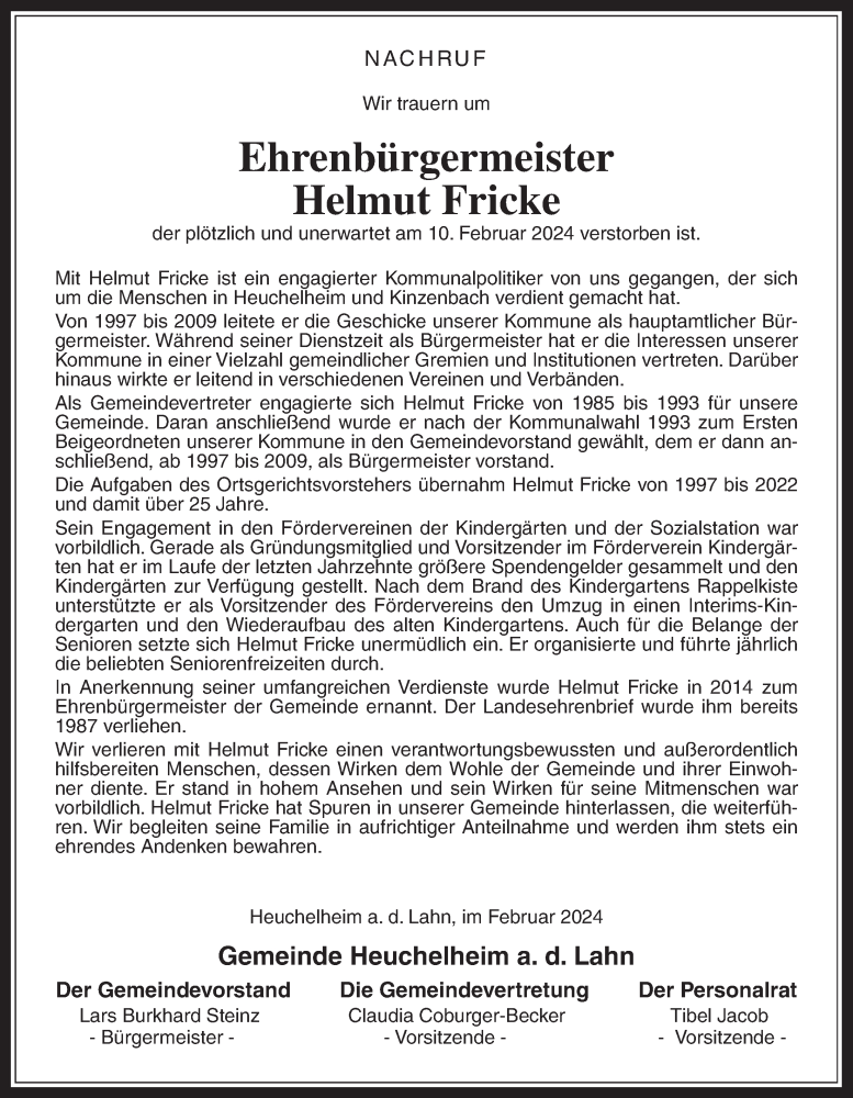  Traueranzeige für Helmut Fricke vom 17.02.2024 aus Alsfelder Allgemeine, Giessener Anzeiger, Giessener Allgemeine
