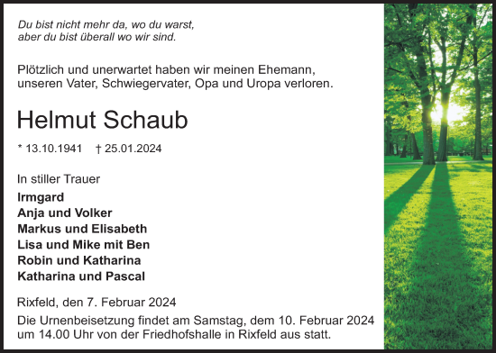 Traueranzeige von Helmut Schaub von Lauterbacher Anzeiger