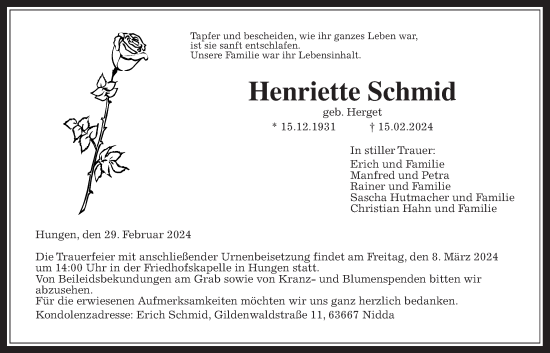 Traueranzeige von Henriette Schmid von Licher Wochenblatt