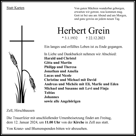 Traueranzeige von Herbert Grein von Oberhessische Zeitung