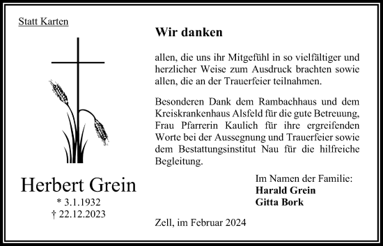 Traueranzeige von Herbert Grein von Oberhessische Zeitung