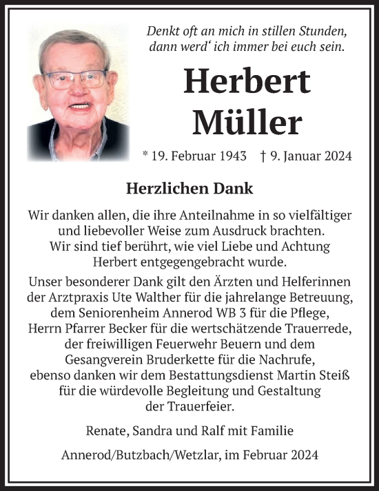 Traueranzeige von Herbert Müller von Giessener Anzeiger, Alsfelder Allgemeine, Giessener Allgemeine
