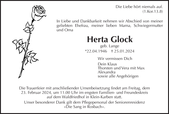 Traueranzeige von Herta Glock von Wetterauer Zeitung