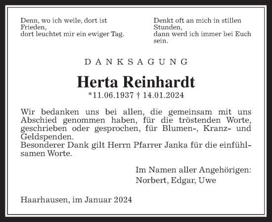 Traueranzeige von Herta Reinhardt von Giessener Allgemeine, Alsfelder Allgemeine, , Oberhessische Zeitung