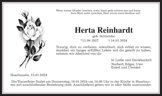 Traueranzeige von Herta Reinhardt von Giessener Allgemeine, Alsfelder Allgemeine, Oberhessische Zeitung