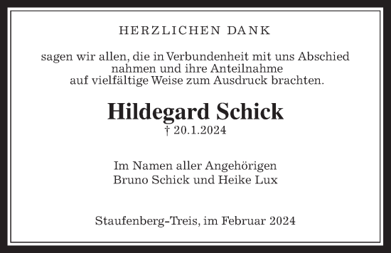 Traueranzeige von Hikldegard Schick von Alsfelder Allgemeine, Giessener Allgemeine