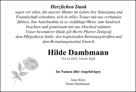 Traueranzeige von Hilde Dambmann von Kreis-Anzeiger