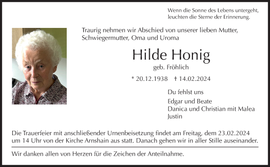 Traueranzeige von Hilde Honig von Alsfelder Allgemeine, Oberhessische Zeitung