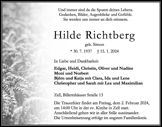Traueranzeige von Hilde Richtberg von Oberhessische Zeitung