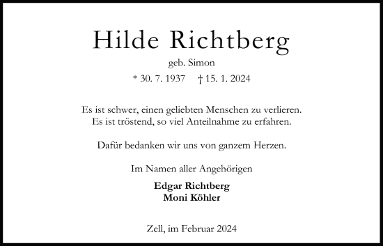 Traueranzeige von Hilde Richtberg von Oberhessische Zeitung