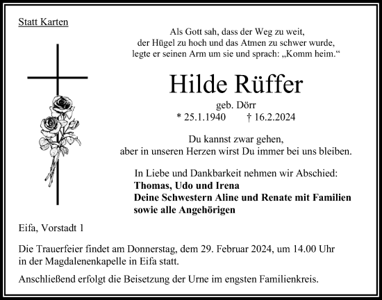Traueranzeige von Hilde Rüffer von Oberhessische Zeitung