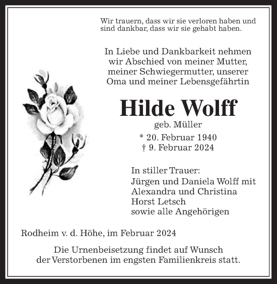 Traueranzeige von Hilde Wolff von Wetterauer Zeitung