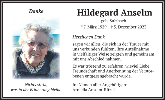 Traueranzeige von Hildegard Anselm von Wetterauer Zeitung, Butzbacher Zeitung