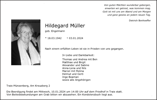 Traueranzeige von Hildegard Müller von Butzbacher Zeitung