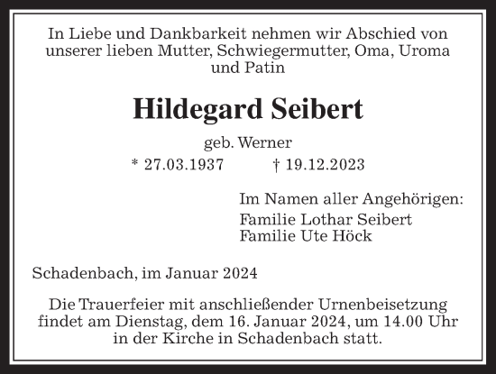 Traueranzeige von Hildegard Seibert von Oberhessische Zeitung