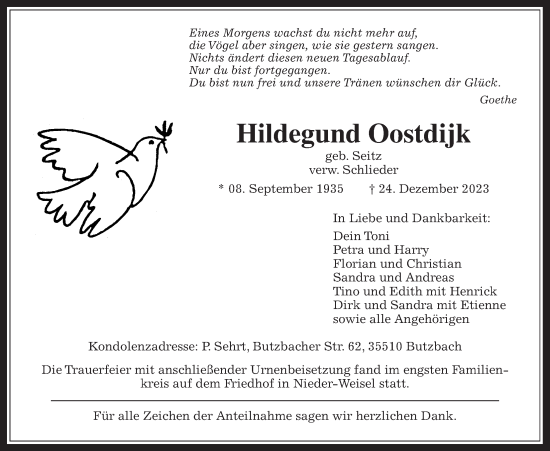 Traueranzeige von Hildegund Oostdijk von Butzbacher Zeitung
