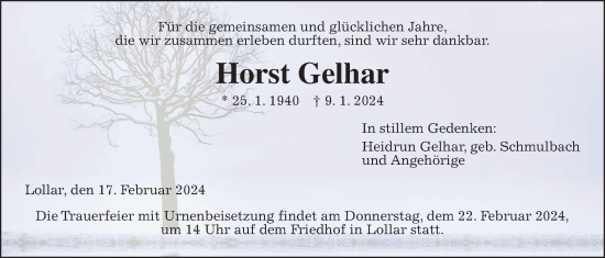 Traueranzeige von Horst Gelhar von Alsfelder Allgemeine, Giessener Anzeiger, Giessener Allgemeine