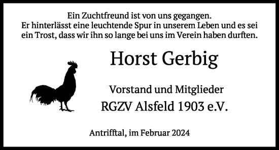 Traueranzeige von Horst Gerbig von Oberhessische Zeitung