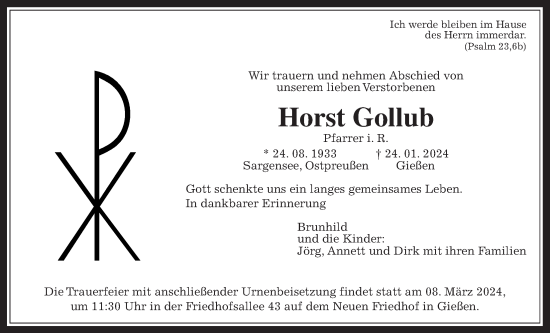 Traueranzeige von Horst Gollub von Giessener Allgemeine, Alsfelder Allgemeine