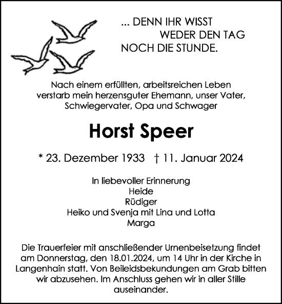 Traueranzeige von Horst Speer von Butzbacher Zeitung