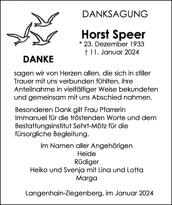 Traueranzeige von Horst Speer von Butzbacher Zeitung