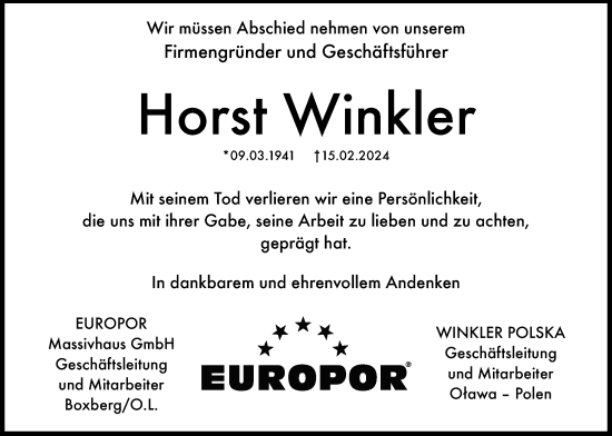 Traueranzeige von Horst Winkler von Wetterauer Zeitung