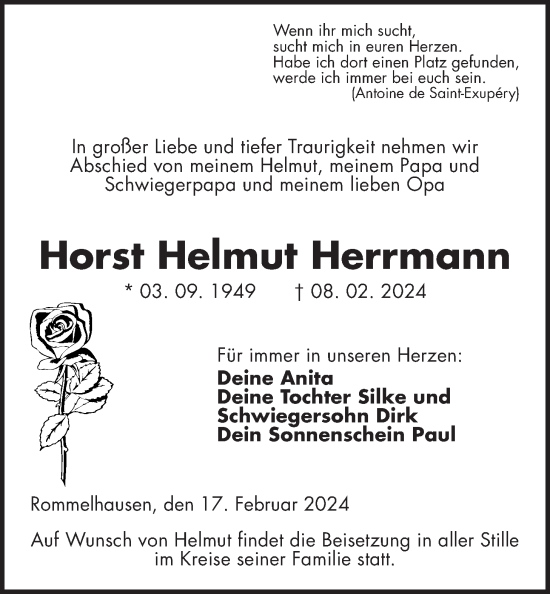 Traueranzeige von Horst Helmut Herrmann von Kreis-Anzeiger