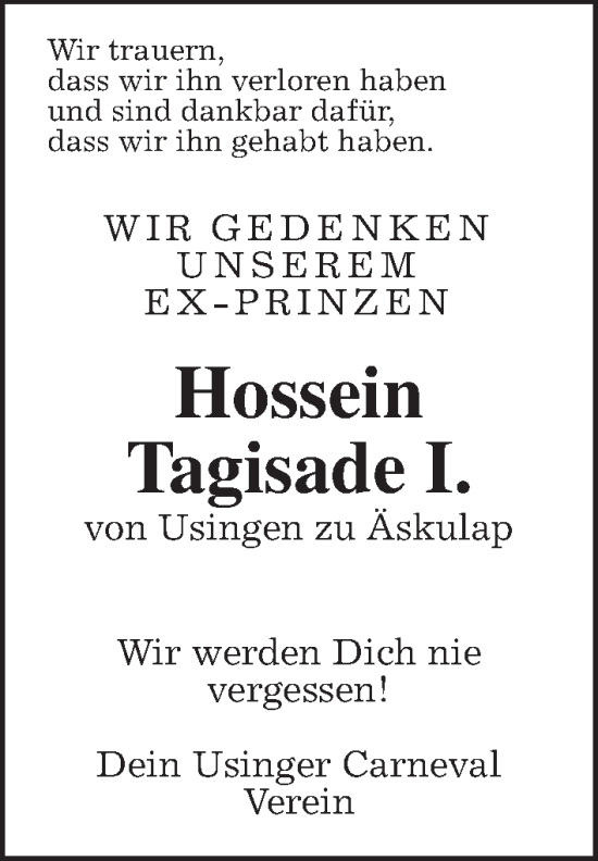 Traueranzeige von Hosseyn Tagisade von Usinger Anzeiger