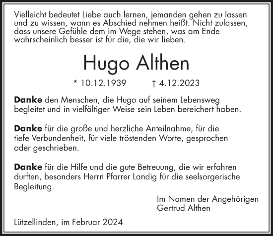 Traueranzeige von Hugo Althen von Giessener Allgemeine, Alsfelder Allgemeine, Giessener Anzeiger