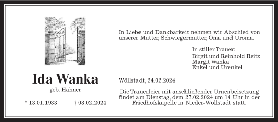 Traueranzeige von Ida Wank Wanka von Wetterauer Zeitung