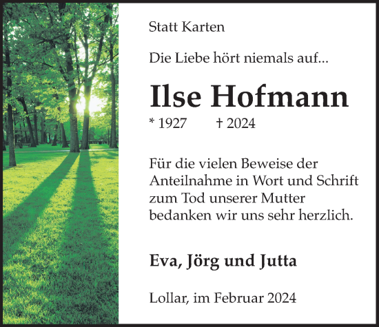 Traueranzeige von Ilse Hofmann von Giessener Allgemeine, Alsfelder Allgemeine, Giessener Anzeiger