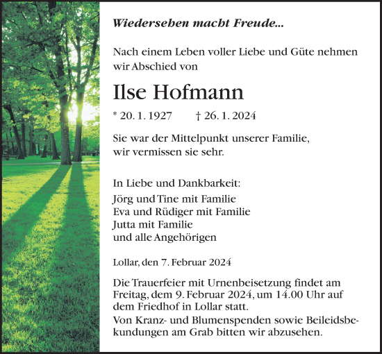 Traueranzeige von Ilse Hofmann von Giessener Allgemeine, Alsfelder Allgemeine, Giessener Anzeiger