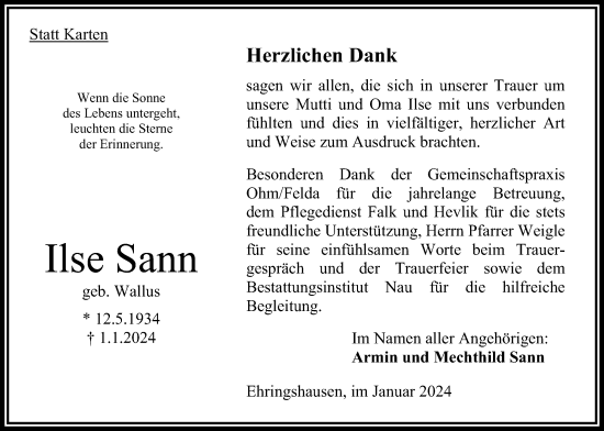 Traueranzeige von Ilse Sann von Oberhessische Zeitung