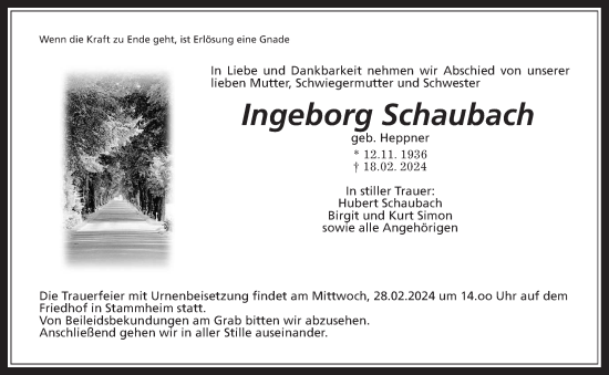 Traueranzeige von Ingeborg Schaubach von Wetterauer Zeitung