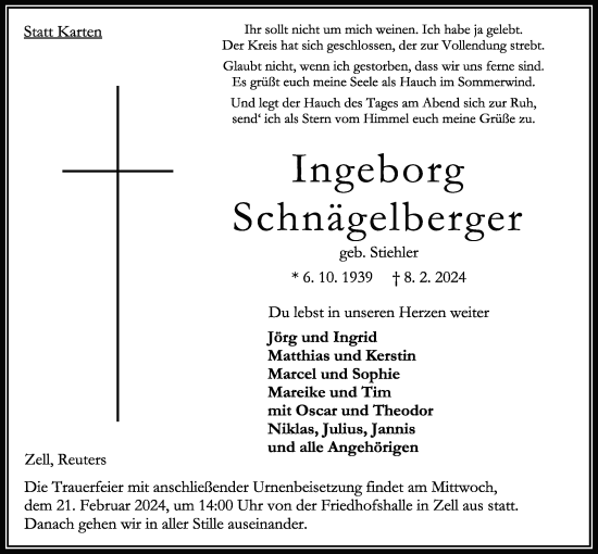 Traueranzeige von Ingeborg Schnägelberger von Oberhessische Zeitung, Oberhessische Zeitung