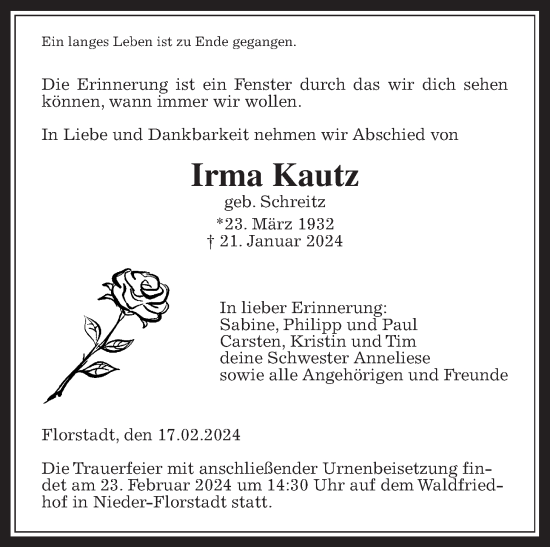 Traueranzeige von Irma Kautz von Wetterauer Zeitung