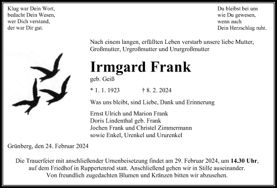 Traueranzeige von Irmgard Frank von Giessener Allgemeine, Alsfelder Allgemeine